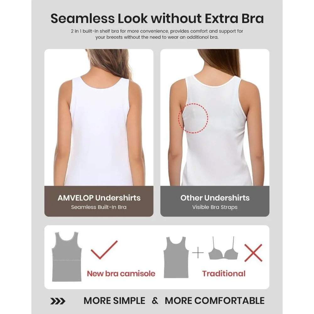 Women's Cotton Tank Tops Built-in Bra Layering Undershirt Pack of 3